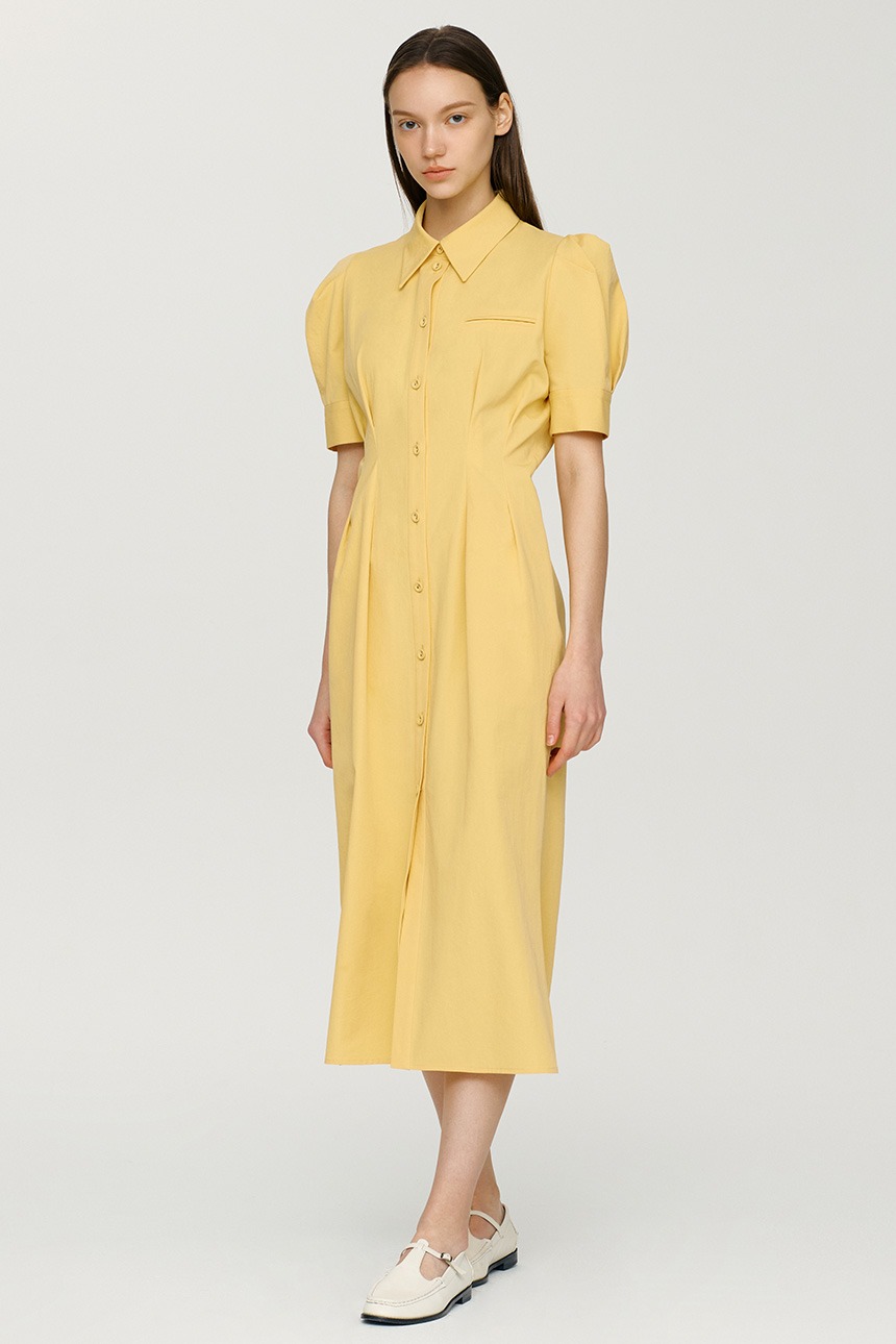 FAIRFAX Puffed shoulder waist tuck detail shirt dress (Banana yellow)