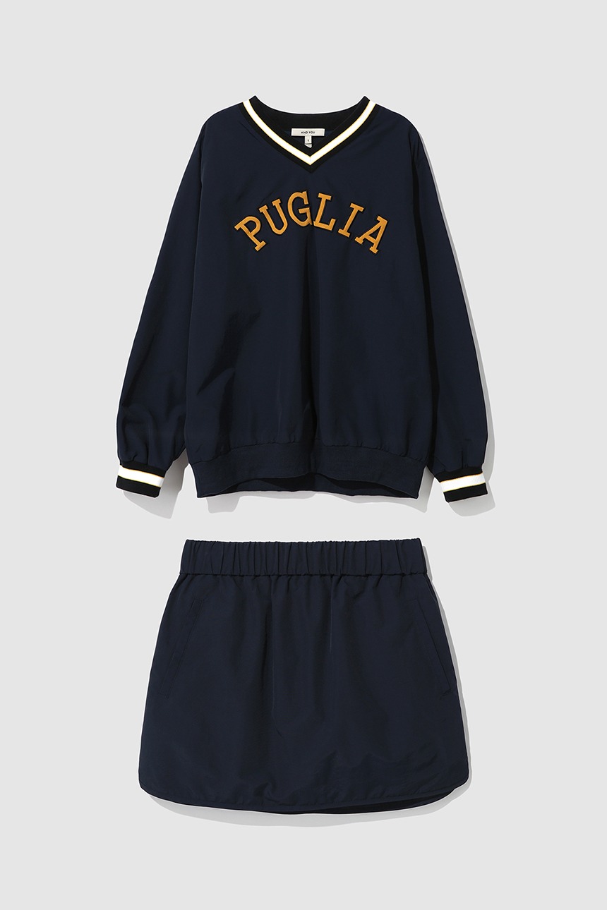 [GIFT][10/4 예약배송][김나영 착용][SET]PUGLIA V-neck pullover windbreaker + LAZIO Banding mini skirt (Navy)