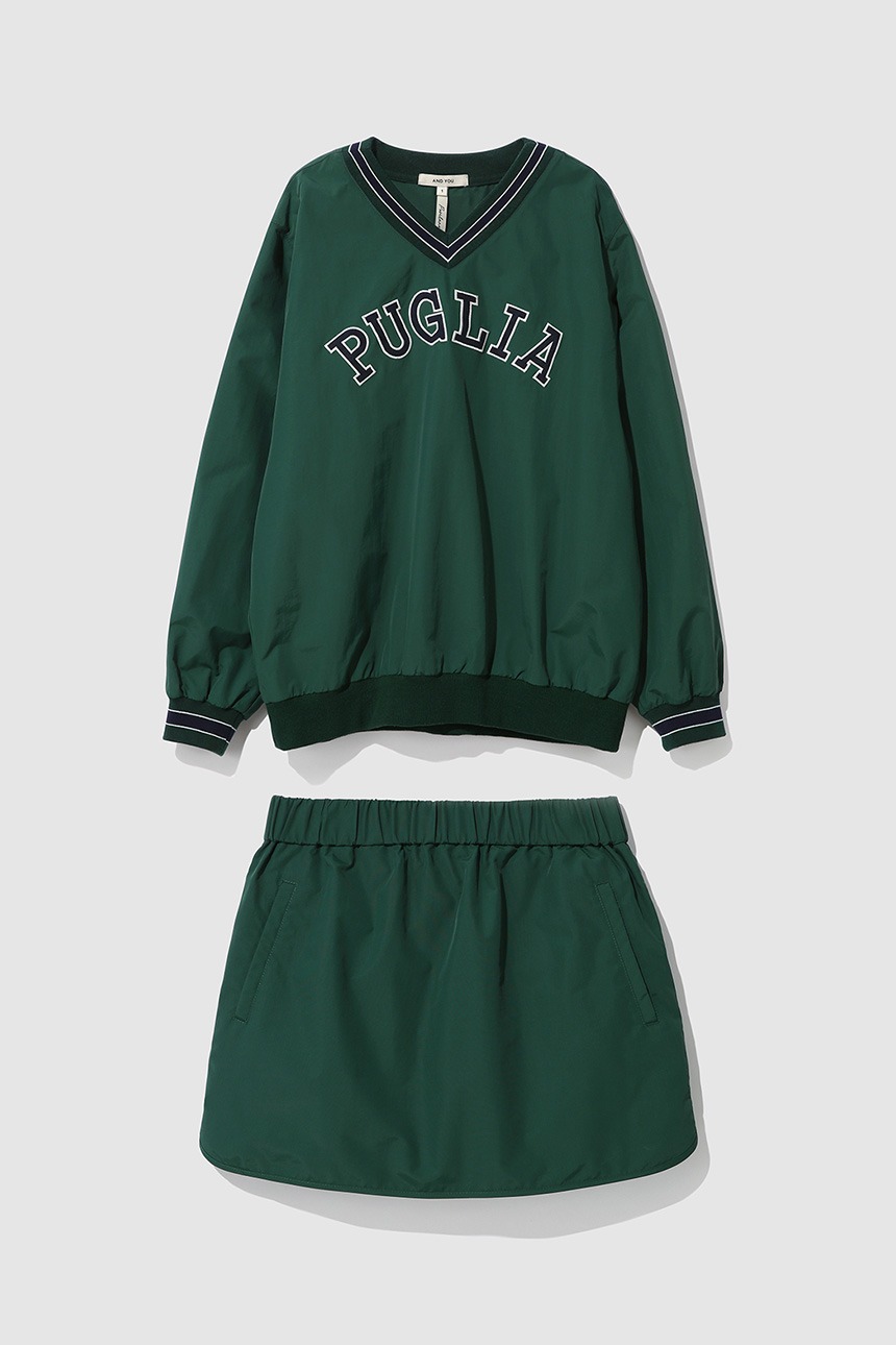 [GIFT][10/4 예약배송][윤은혜 착용][SET]PUGLIA V-neck pullover windbreaker + LAZIO Banding mini skirt (Green)