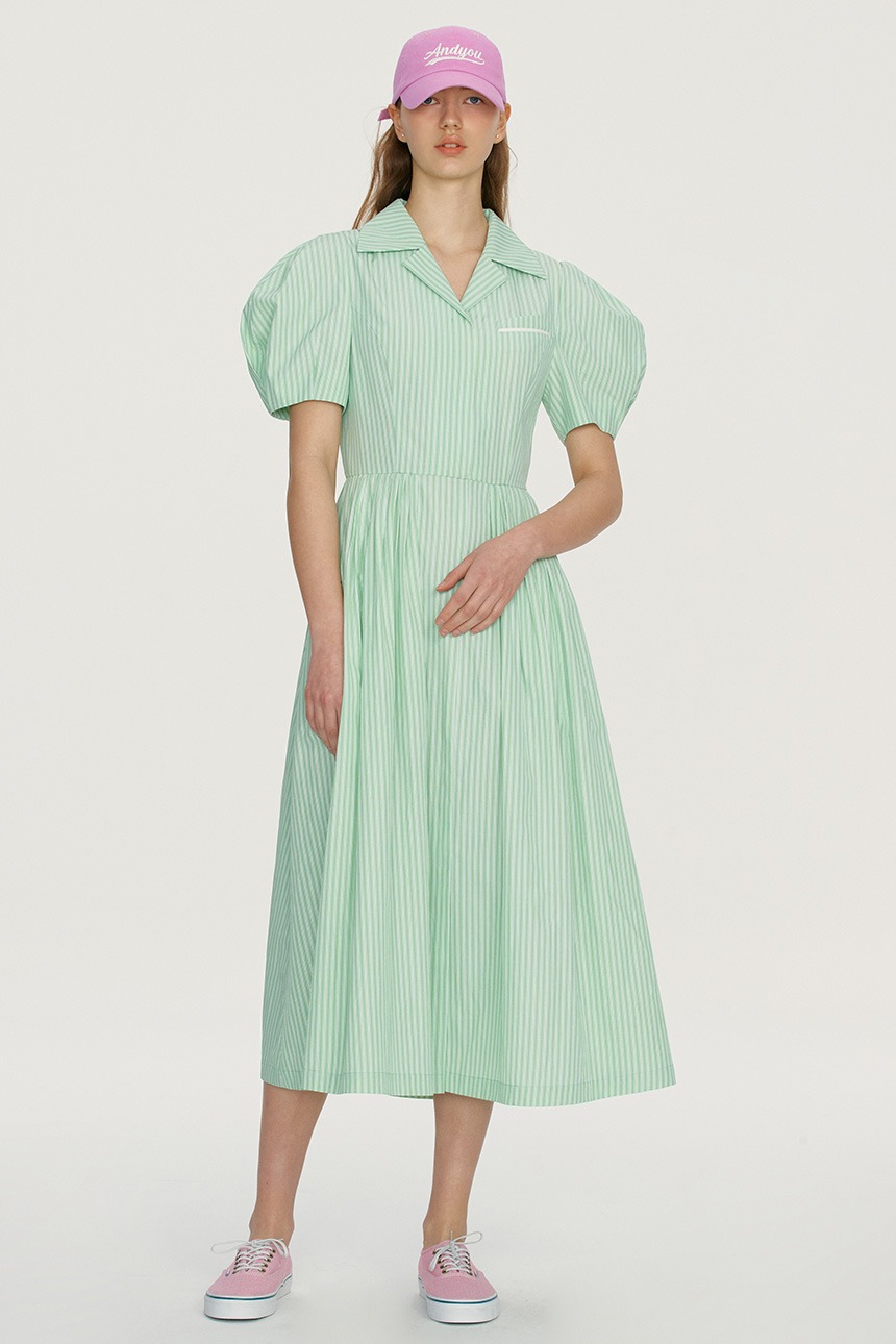 NORTH SHORE Notched collar puff sleeve dress (Mint Stripe)