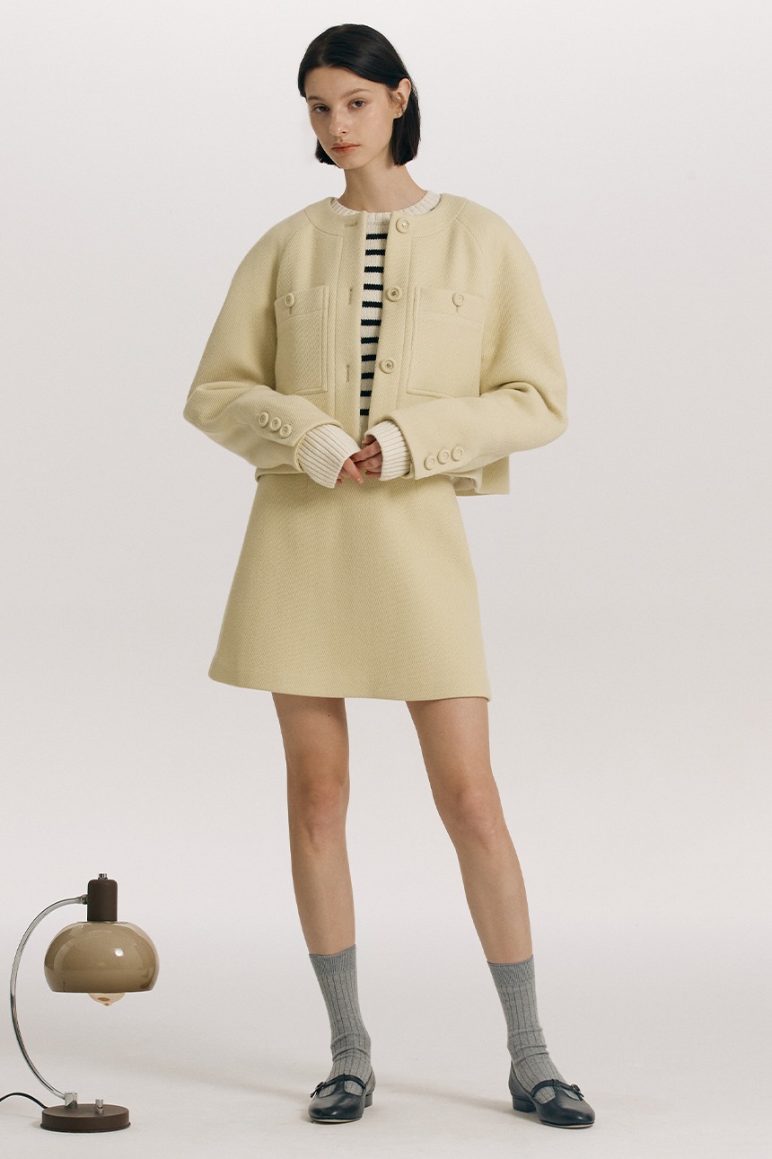 [SET]HAMPTON Quilted crop wool jacket + MAYFAIR A-line wool mini skirt (Lemon)