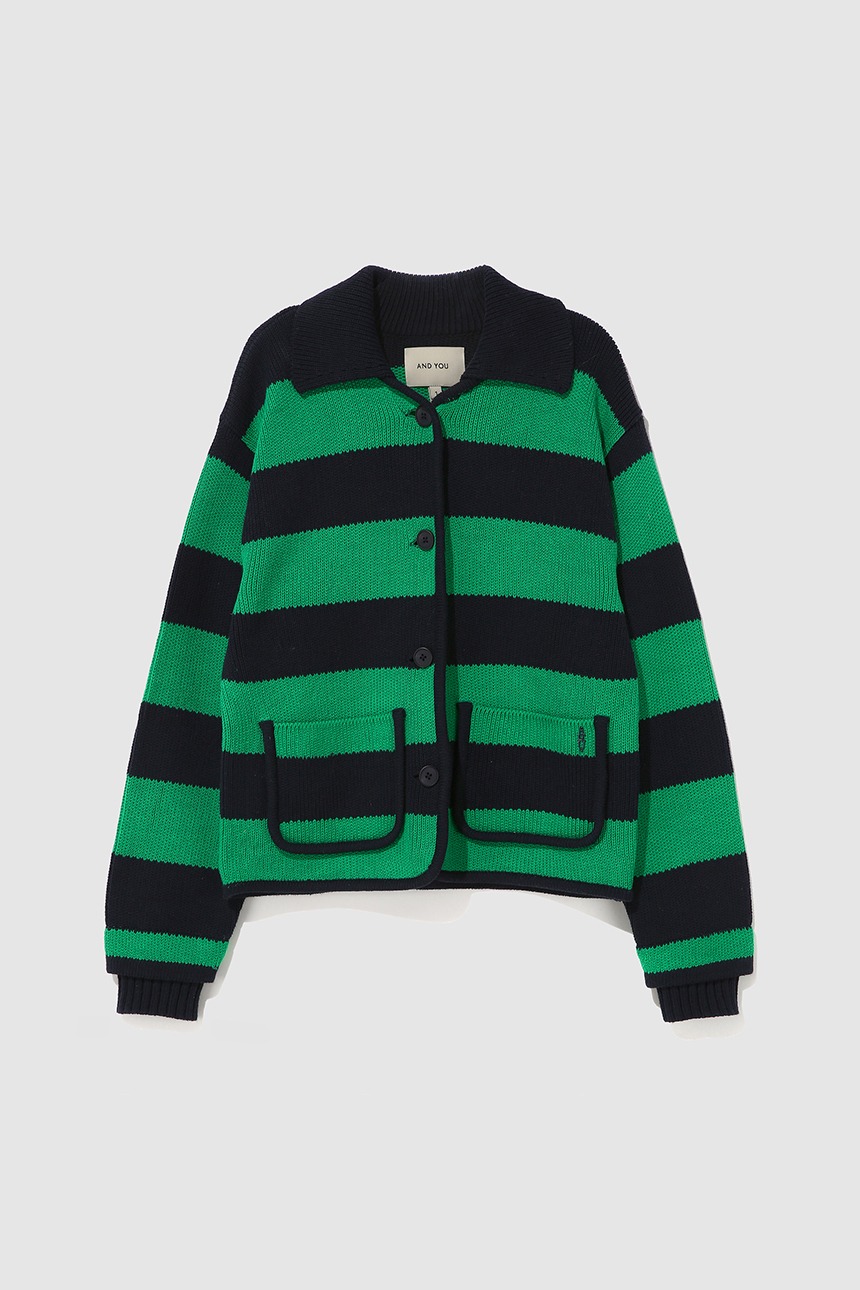 TIRAMISU Stripe knit cardigan (Green&amp;Navy)