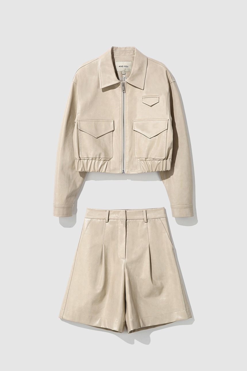 [SET]HOLBORN Leather crop jacket + NAVIGLIO Leather half pants (Light beige)