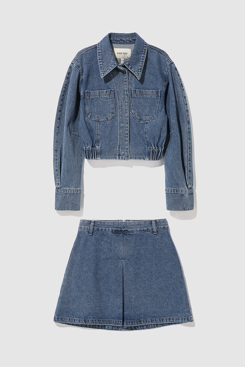 [SET]TORINO Denim blouson crop jacket + MAILI A-line denim skirt (Mid blue)