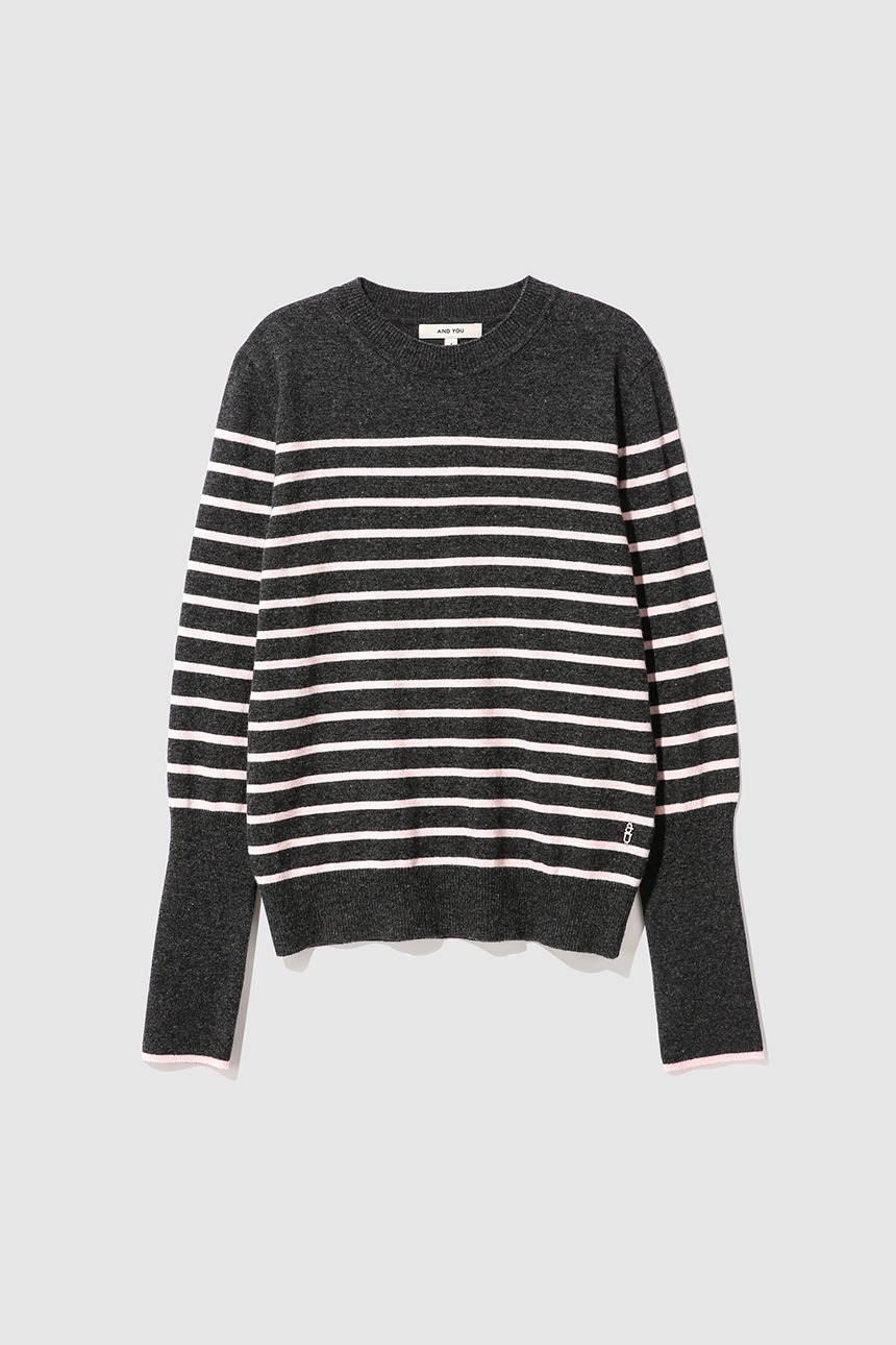 HYGGE Crew neck stripe sweater (Charcoal&amp;Pink)