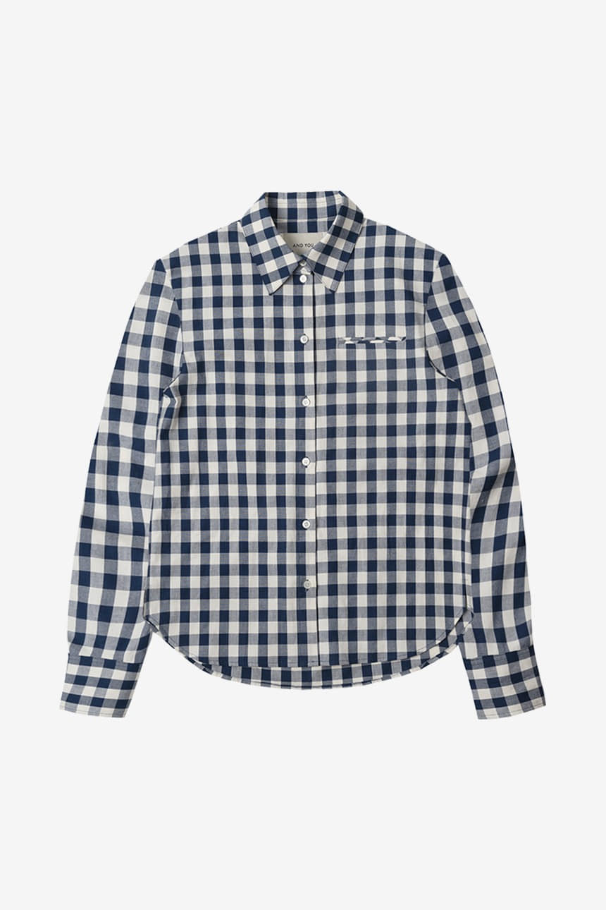 [한지현 착용]WATERLOO Volume sleeve shirt (Navy gingham check)