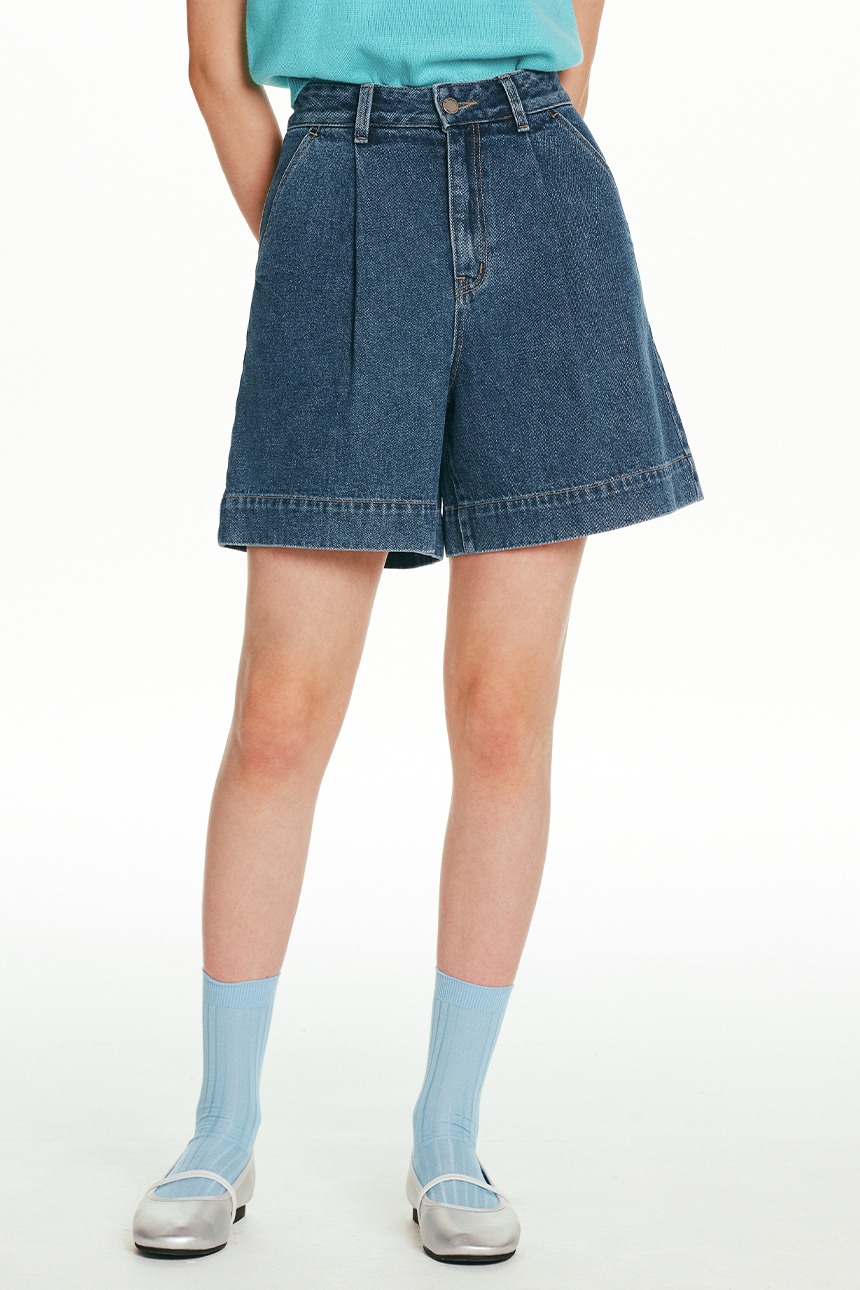 BOLZANO Tucked denim shorts (Mid blue)