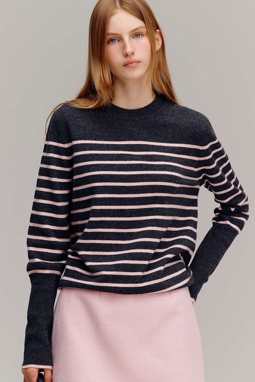 HYGGE Crew neck stripe sweater (Charcoal&amp;Pink)